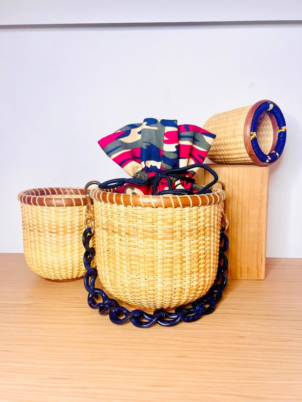 Vintage Nantucket Lightship Basket Purse – Navy Camo Cherry Rim Round Bag